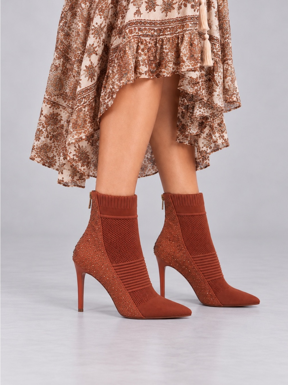 Rouge Helium Rust Knit Pointed-Toe Stiletto Booties with Embellished Heel